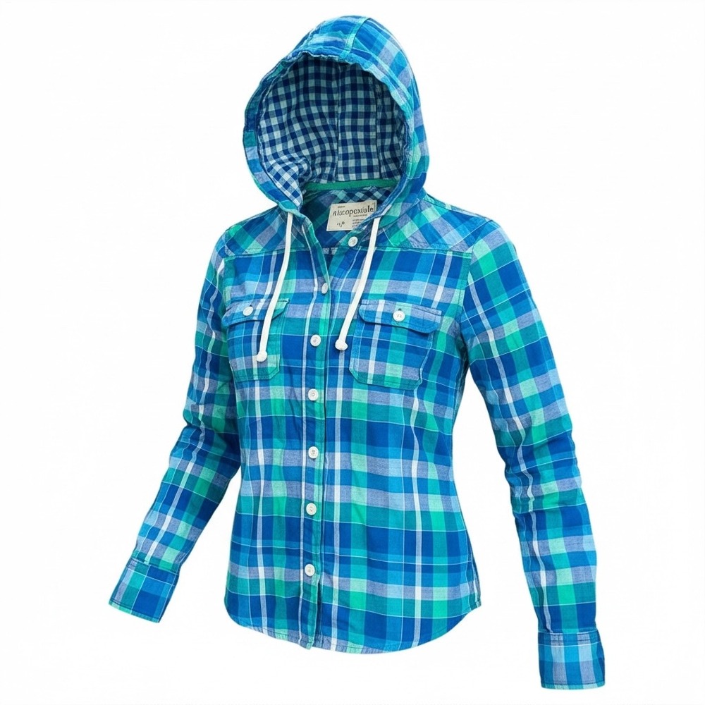 Aeropostale Womens Blue Green Plaid Hooded Flannel Shirt S‎ Y2K Gorp Core Hiking